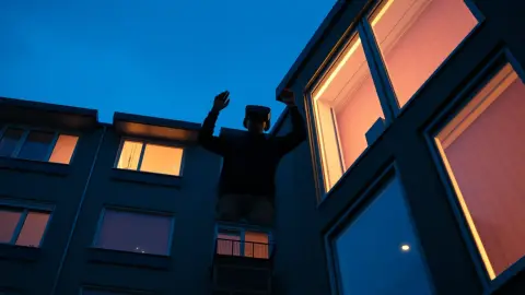 Apartment building at night with a silhouette of a person in a VR headset in one lit window