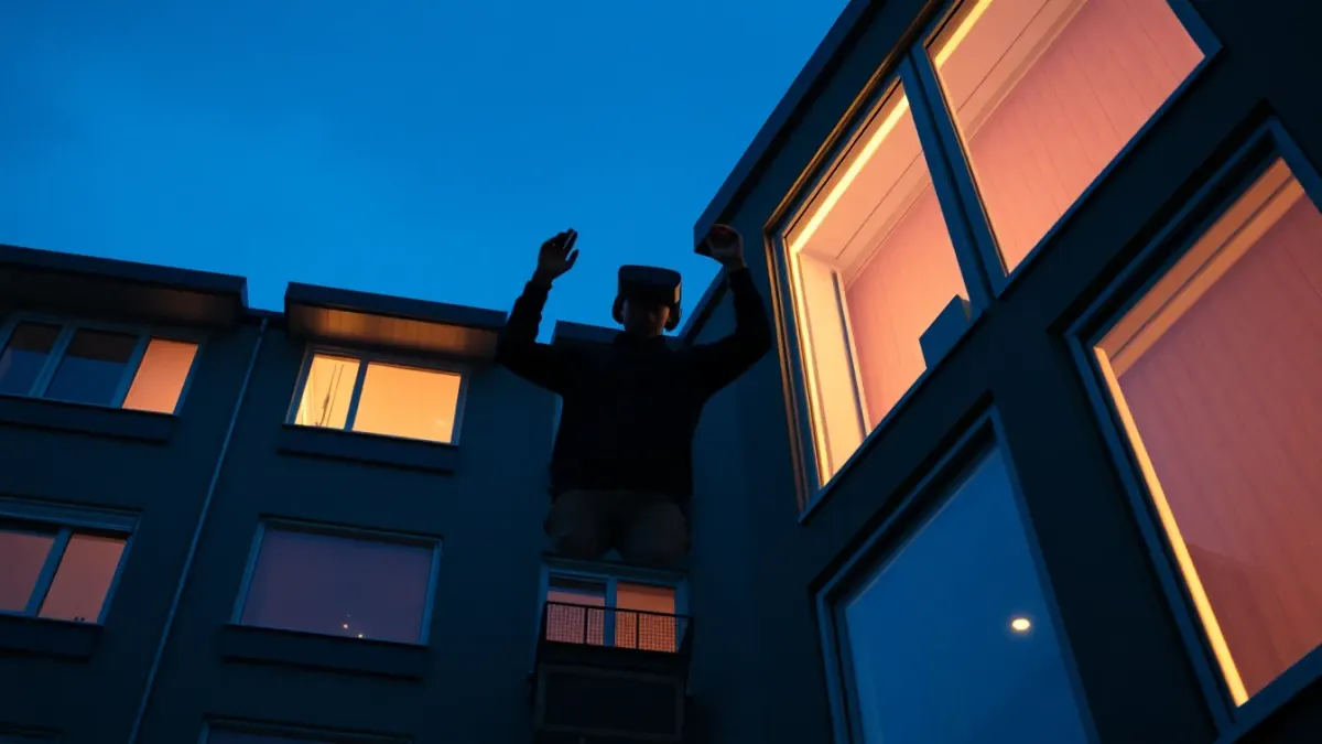 Apartment building at night with a silhouette of a person in a VR headset in one lit window