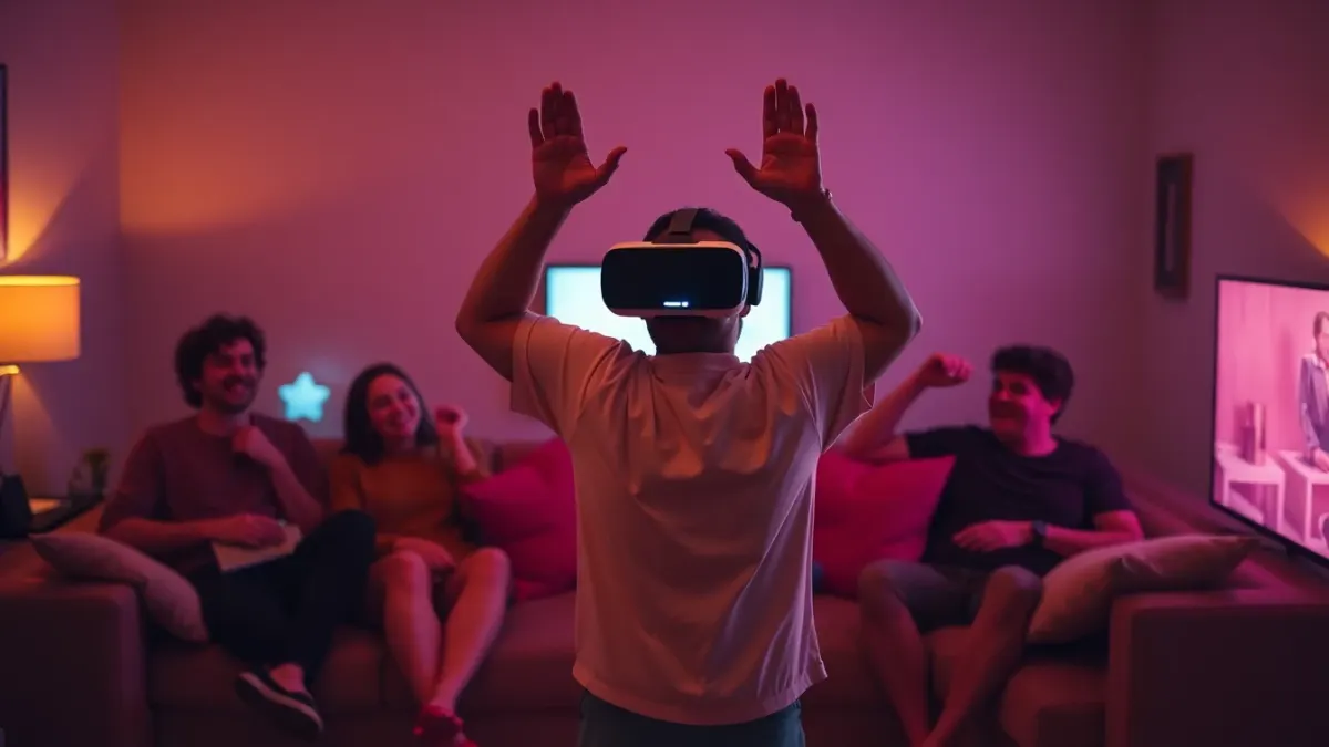 Friends on a sofa laughing and clutching cushions while one person plays in a VR headset