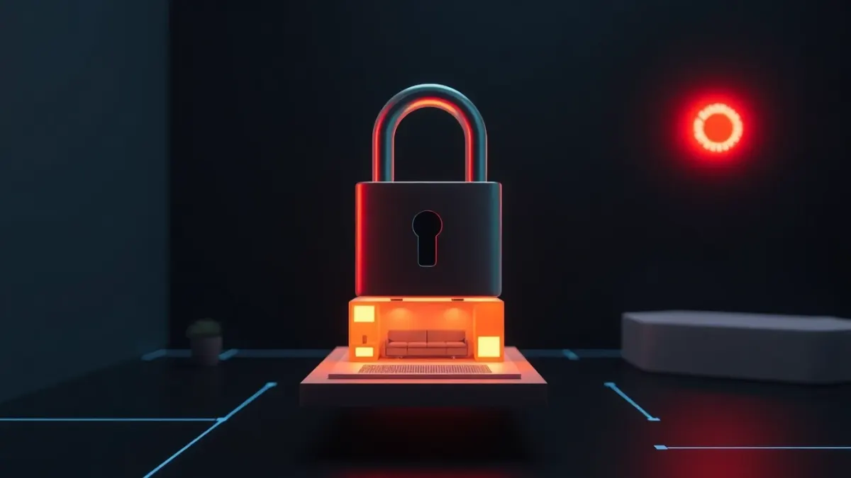 Glowing padlock above a miniature living room model with thin lines tracing the walls