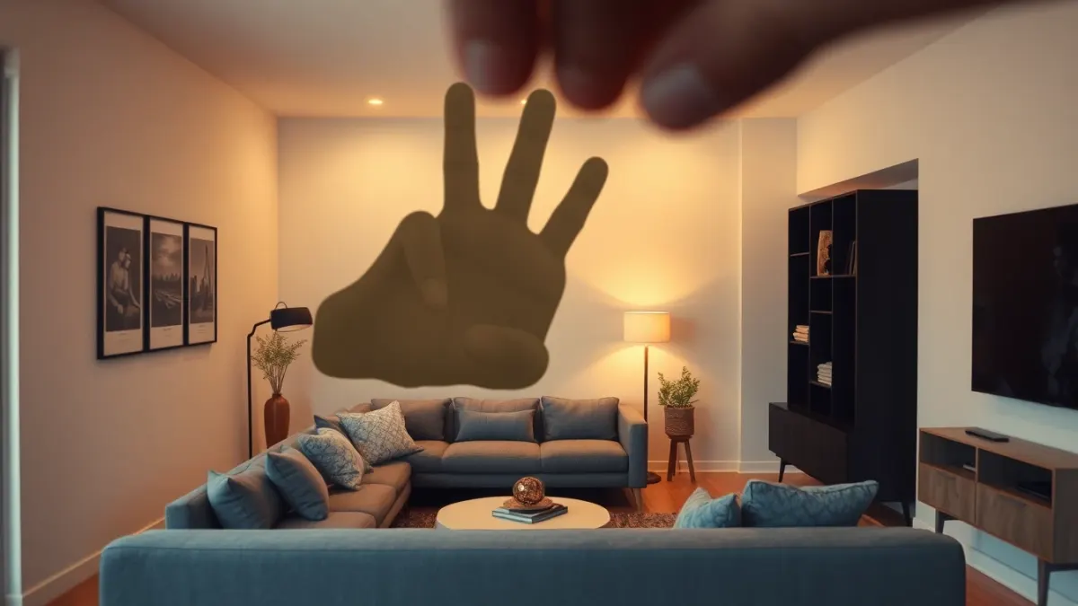 Shadowy giant hand breaking through the wall above a sofa in a modern living room