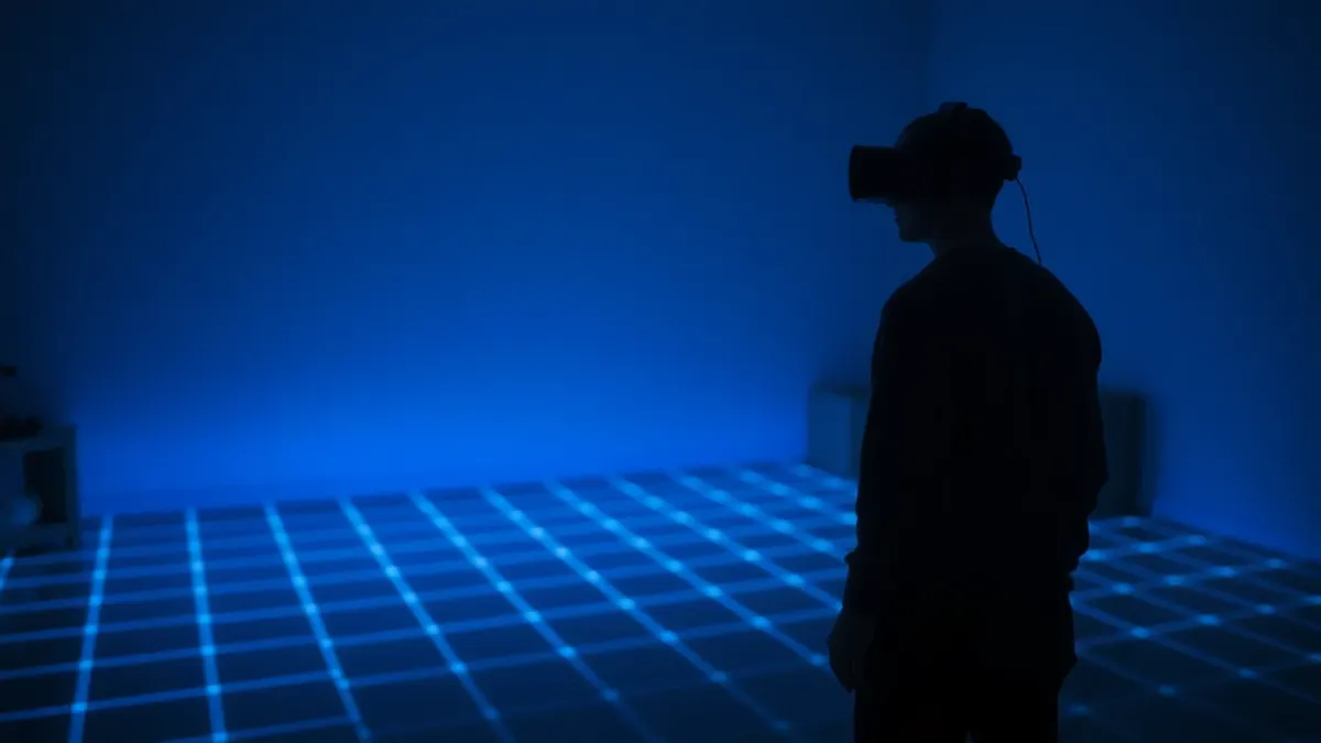 Faint glowing grid line across a dim living room as a player in a headset steps back from it