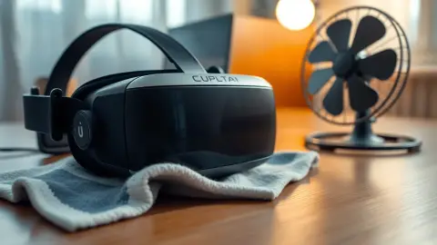 VR headset on a table beside a microfibre cloth and a small fan