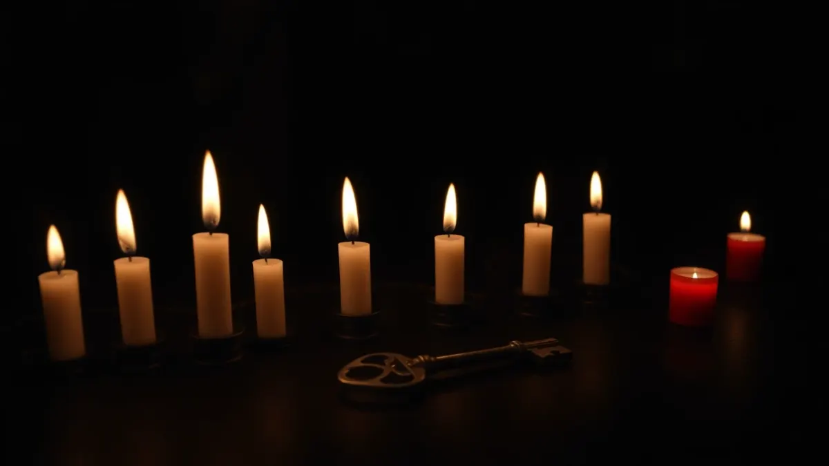Eight flickering candles on a dark table with two red ones at the end beside an old key