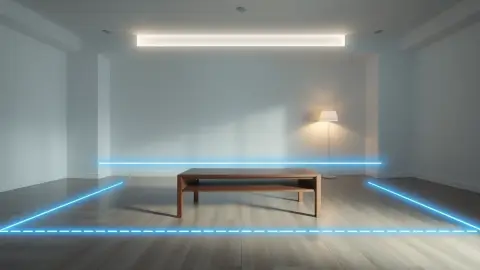 Tidy living room with the coffee table pushed aside and a faint blue boundary outline on the floor