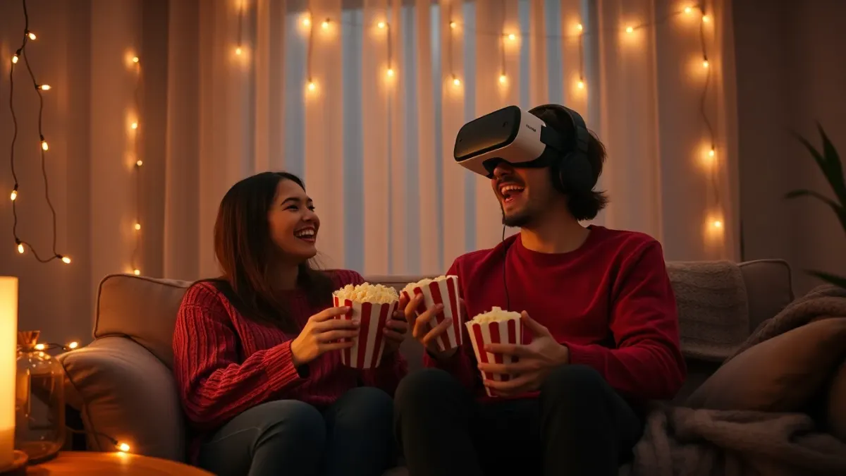 Couple on a sofa at home, one wearing a VR headset and recoiling while the other laughs