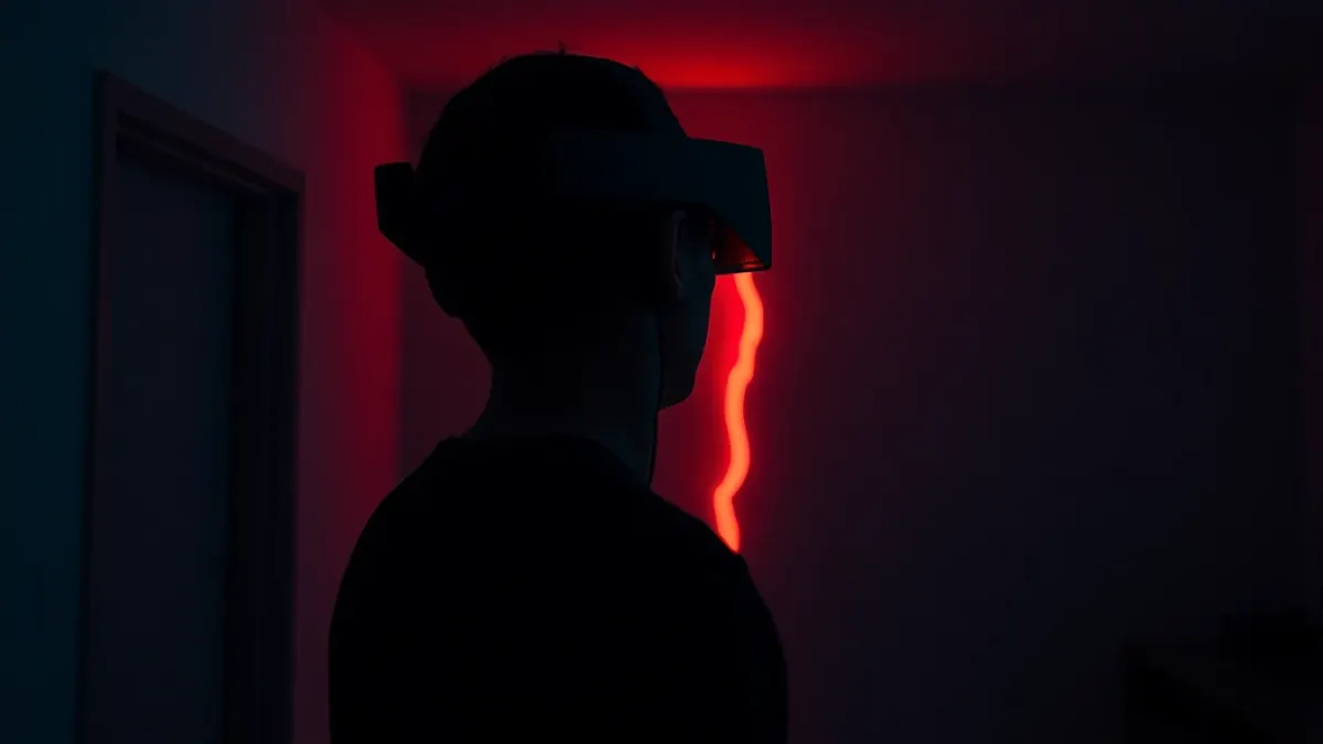 Person in a Quest headset in a dark apartment as red light glows through a crack in the wall