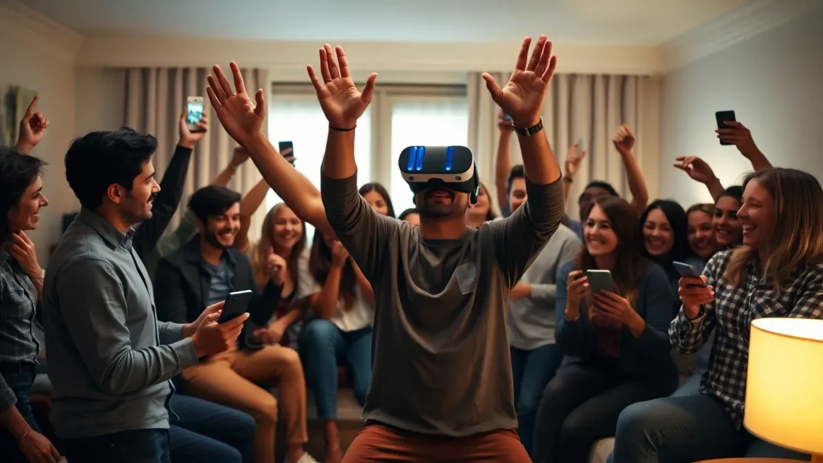 Friends gathered around a player in a VR headset, laughing and filming