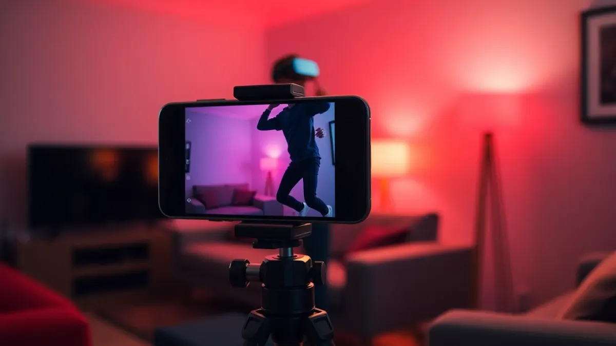 Smartphone on a tripod filming a person in a VR headset jumping back in a dim living room