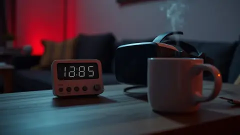 Kitchen timer and VR headset on a coffee table with a steaming mug in a dim room