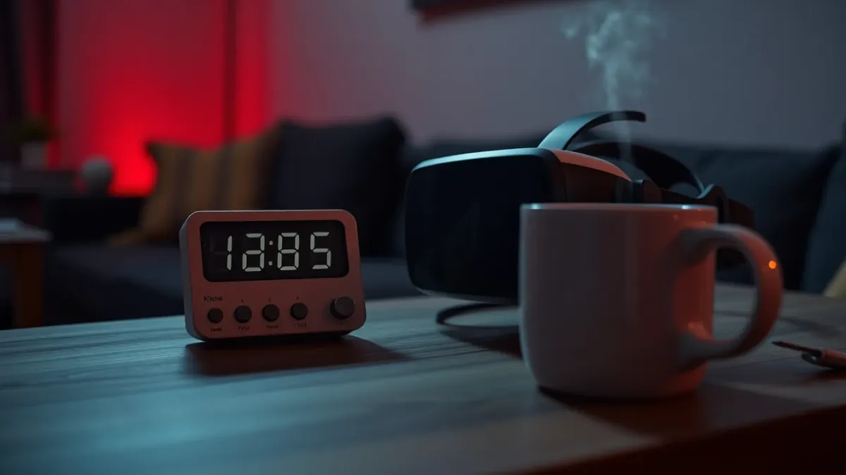 Kitchen timer and VR headset on a coffee table with a steaming mug in a dim room