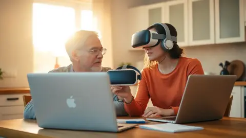 Parent and teenager talking at a kitchen table with a VR headset between them