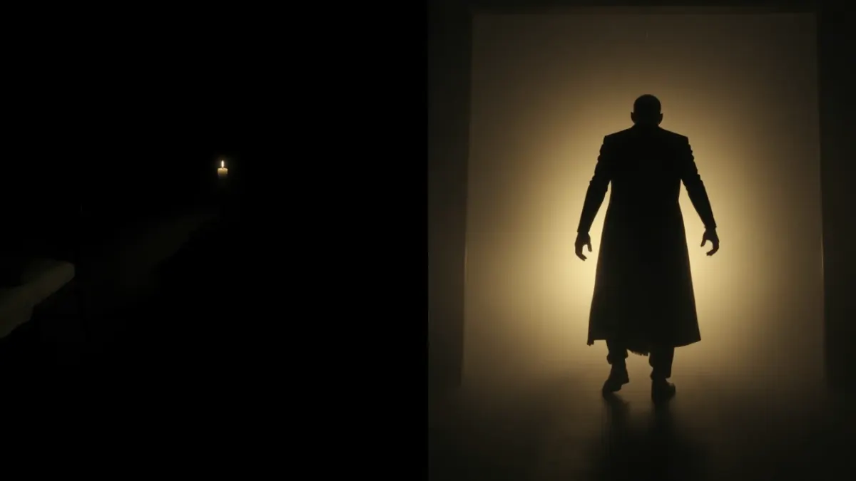 Quiet candlelit dark room next to the same room in a sudden flash with a looming silhouette