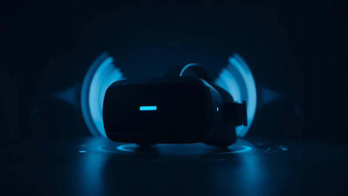 VR headset on a dark table with faint ripples of blue light suggesting sound