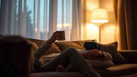 Person sitting with a mug and a VR headset resting beside them on a sofa