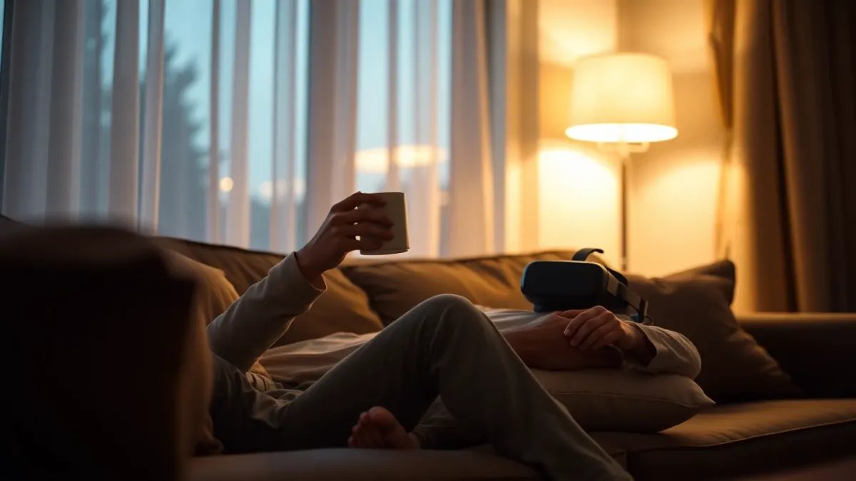 Person sitting with a mug and a VR headset resting beside them on a sofa