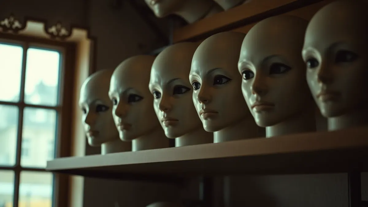 Pale mannequin-like face half in shadow with glassy eyes in a dim room