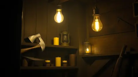Candlelit shop corner with an axe, lantern and shotgun on shelves