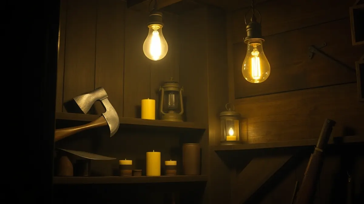 Candlelit shop corner with an axe, lantern and shotgun on shelves