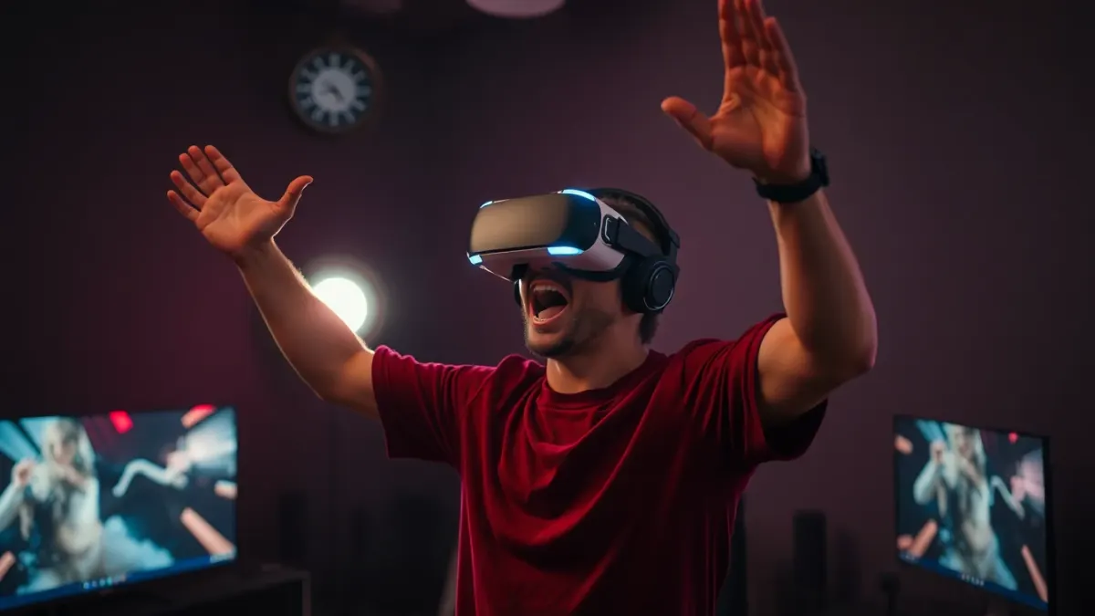 Content creator in a VR headset reacting in fright in front of a ring light