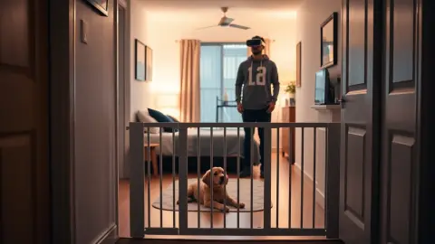 Closed baby gate with a sleepy dog beyond it and an adult in a VR headset in the lit room behind