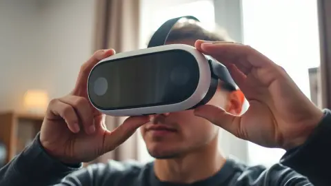Person adjusting a VR headset over round glasses in soft window light