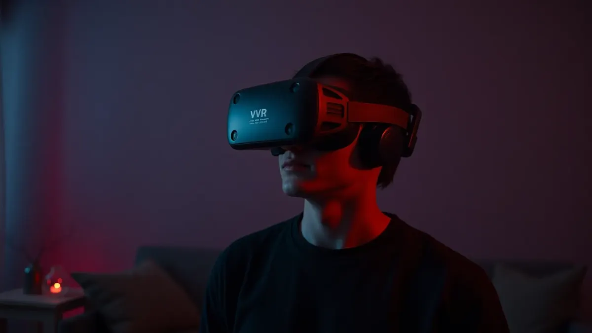 Player wearing a headset in a dim living room with a red glow on a cracked wall
