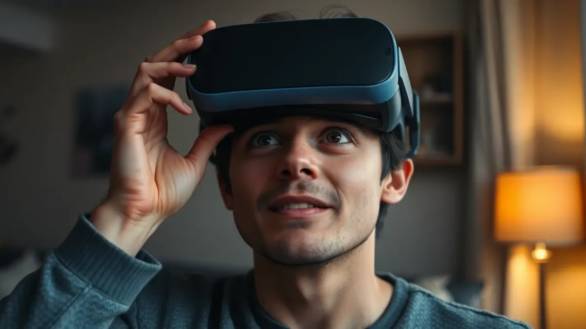 Person lifting a VR headset off their face in a dim room with a lamp switched on