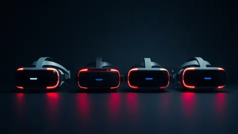 Four VR headsets lined up on a dark surface with red rim lighting