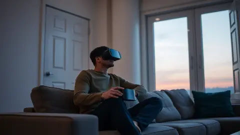 Person on a sofa at dusk holding a VR headset in their lap, deciding whether to put it on