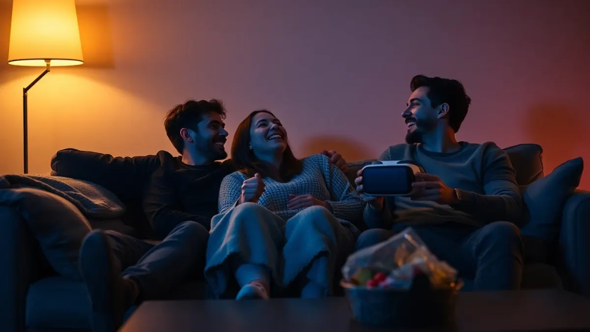 Friends laughing on a sofa in a dim room, one holding a VR headset