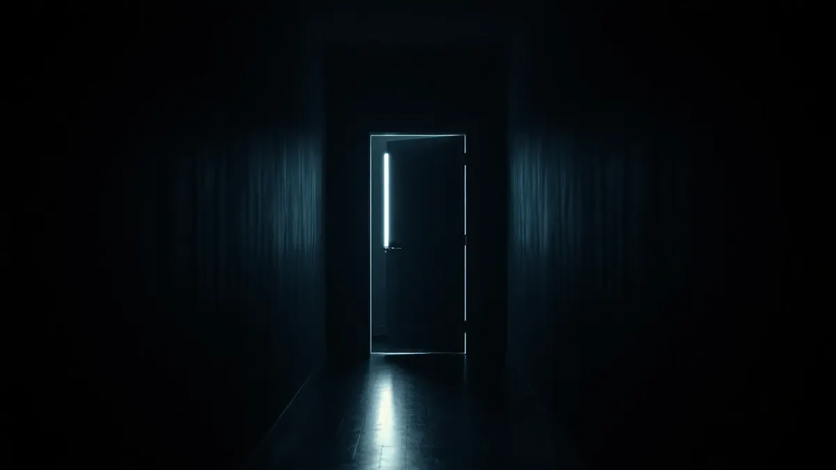 Dim home hallway with a half-open door at the far end and a faint figure in the shadow