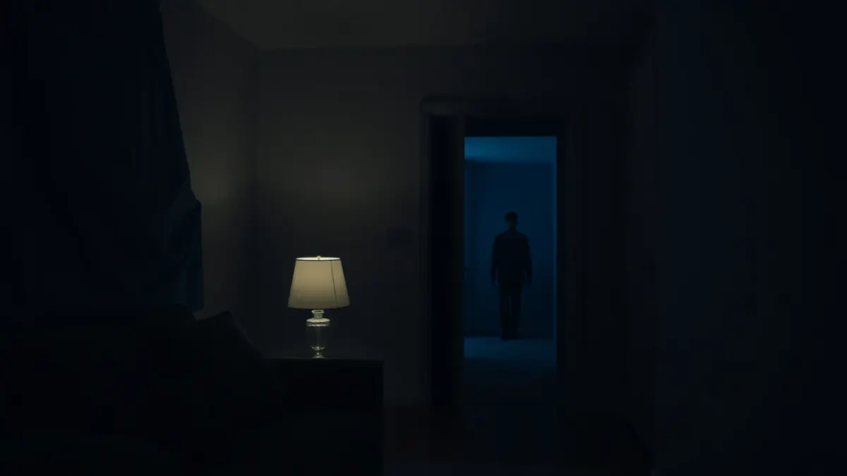 Dim living room at night with a shadowy figure standing in the hallway doorway