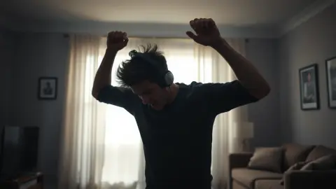 Player flinching with one arm raised while wearing a headset in a dark living room