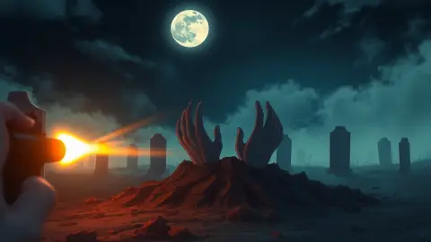 Moonlit graveyard with hands rising from the soil and a bright muzzle flash in the foreground