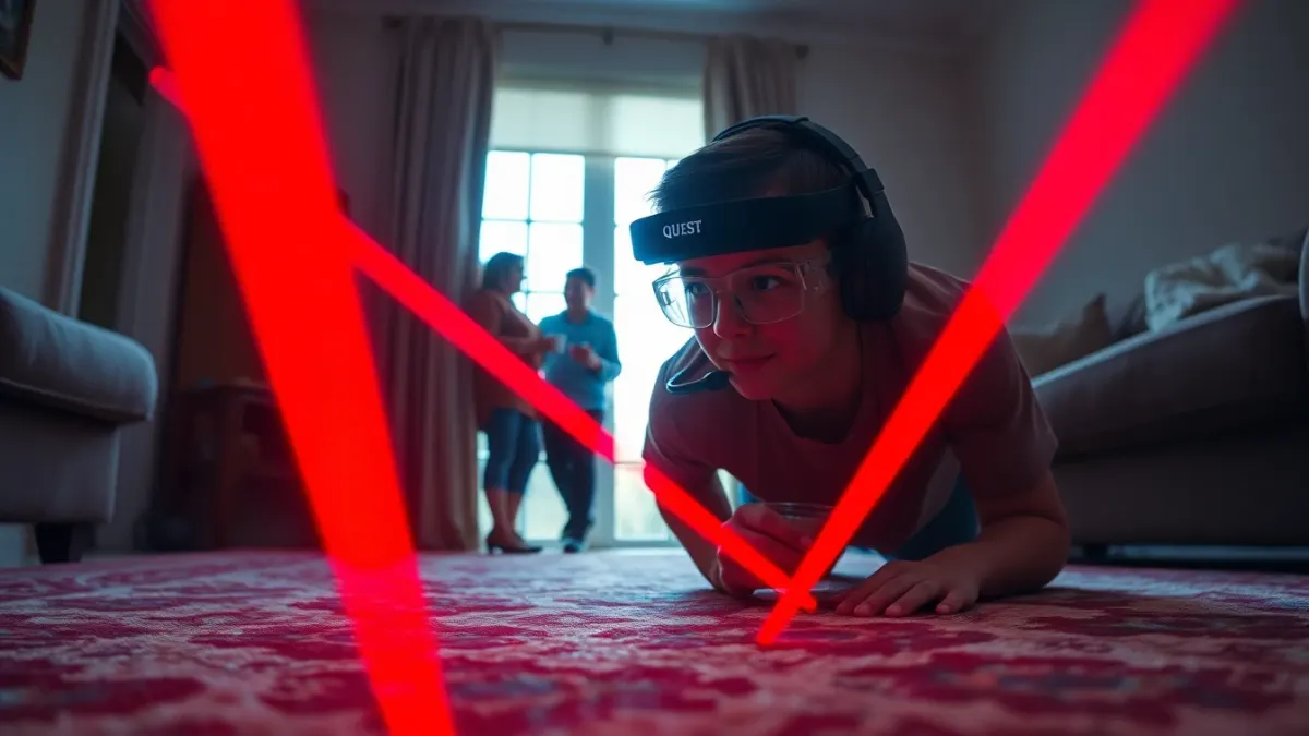 Teen crawling under red laser beams in a living room while a parent watches from the doorway