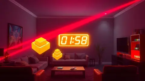 Neon arcade-style living room with gold bars hovering between red laser beams