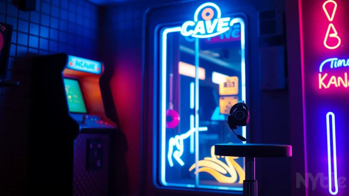 Neon-lit arcade corner with a glowing cabinet silhouette and a modern headset resting on a stool