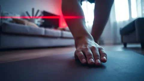 Hand and knee on an exercise mat with red laser light just above