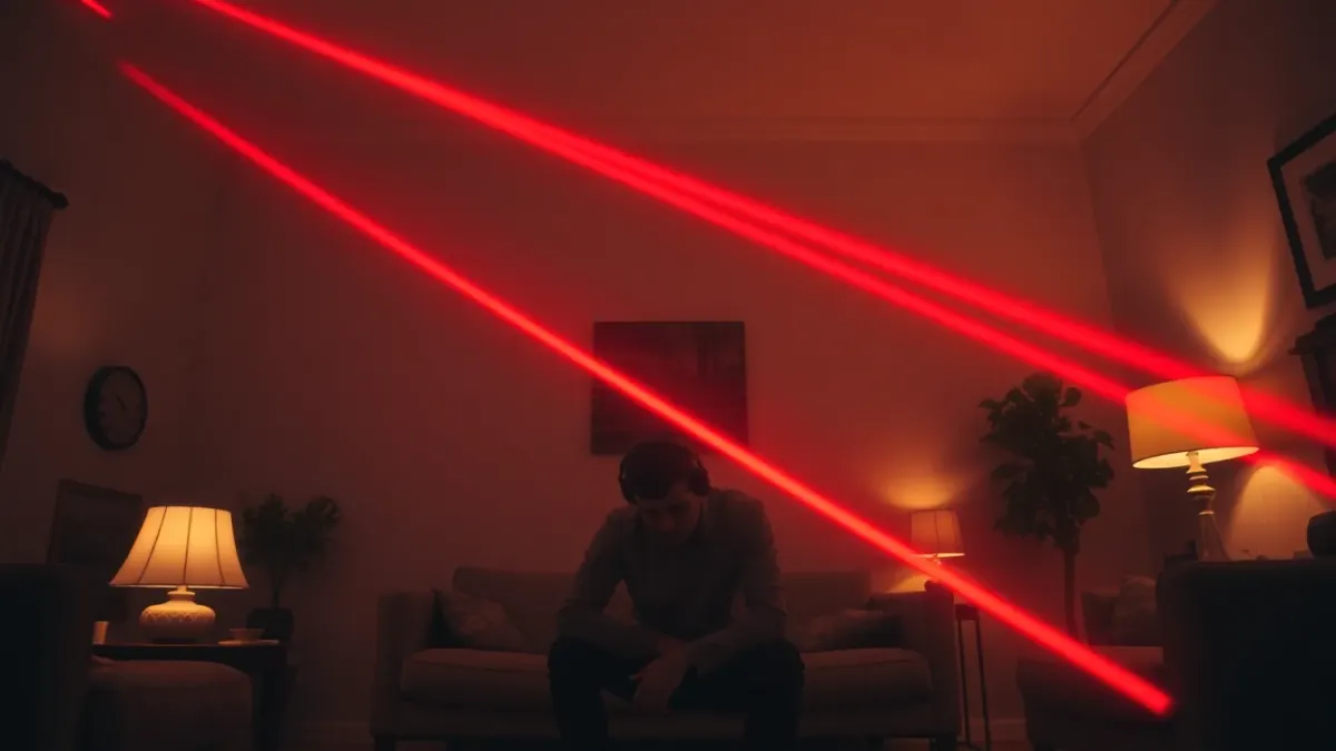 Evenly lit living room with a player crouching under red lasers