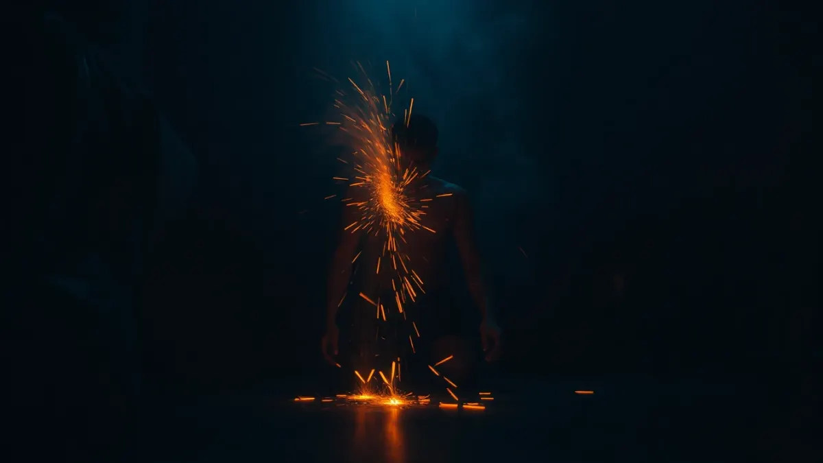 Long-exposure photo of a person crouching and reaching with light trails following arms and head