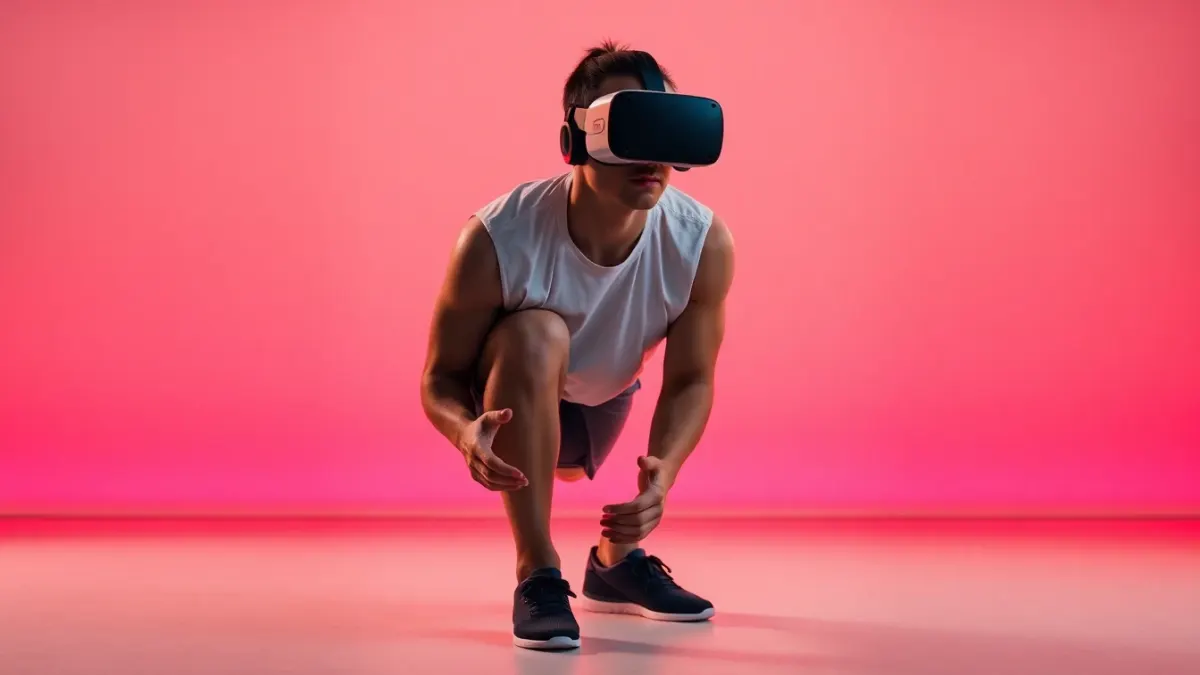 Athletic player in a balanced ready stance wearing a VR headset