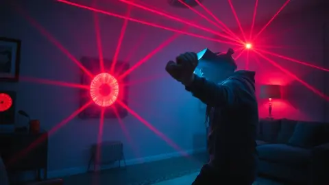 Player lunging toward a glowing safe in a red-lit living room with lasers