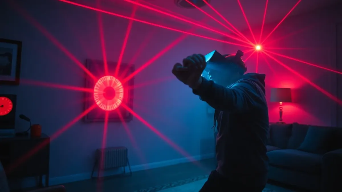 Player lunging toward a glowing safe in a red-lit living room with lasers