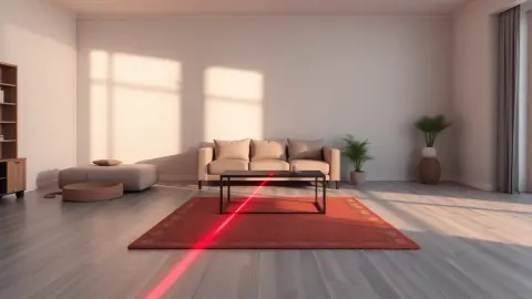 Living room with furniture pushed back and a red laser beam over open floor