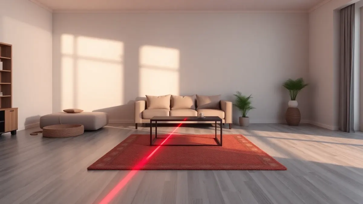 Living room with furniture pushed back and a red laser beam over open floor