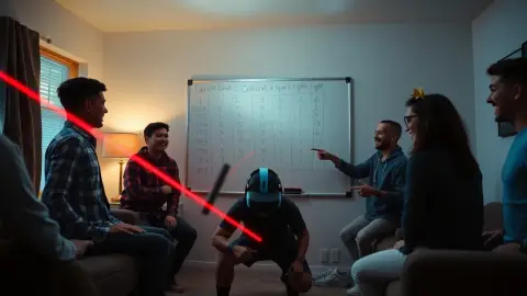 Friends around a handwritten scoreboard while one player crouches under laser beams in a headset