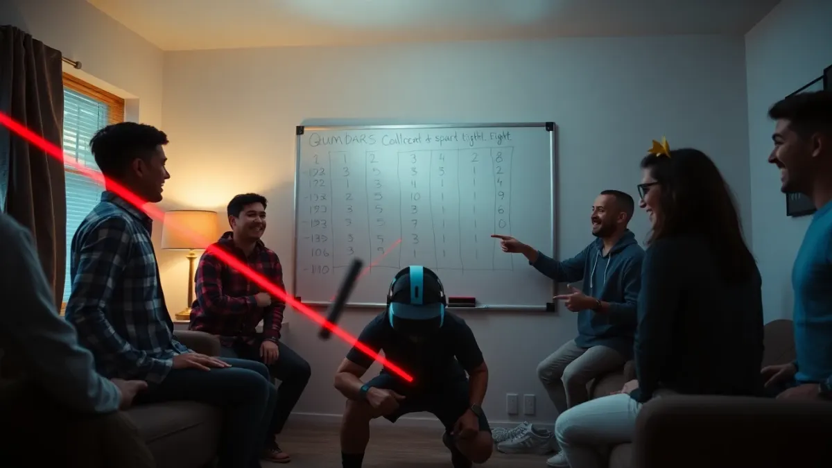 Friends around a handwritten scoreboard while one player crouches under laser beams in a headset