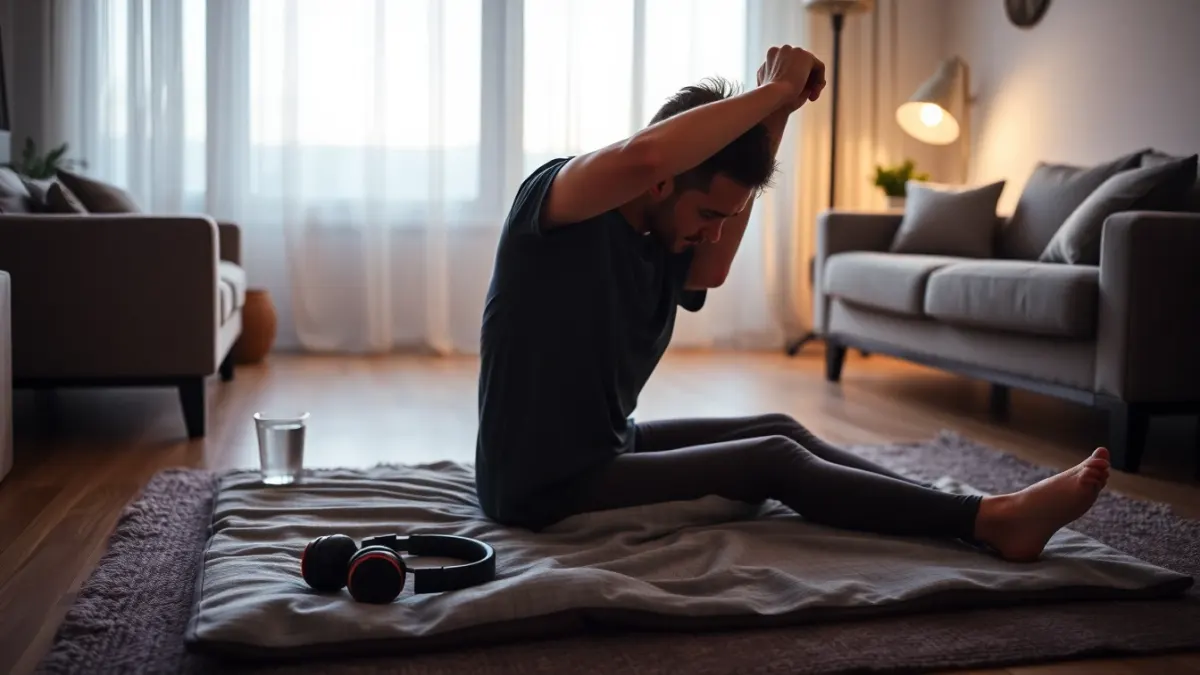 Person stretching on a living room floor with a headset and water nearby