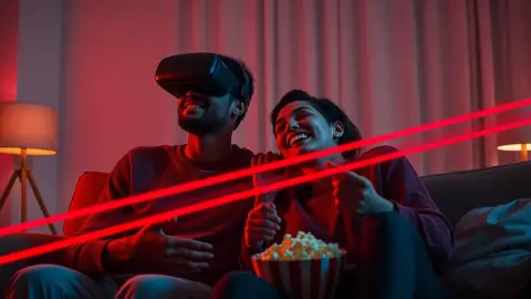 Couple at home, one dodging laser beams in a headset while the other laughs on the sofa